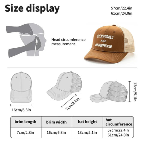 Brown Low Profile Distressed Trucker Cap For Women size details with measurements and diagram illustration.