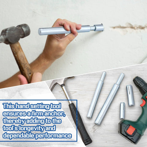 Two Pcs Drop In Anchor Tool Set For Concrete And Stone, showing 1/2in and 3/8in zinc plated steel rods used on wall.