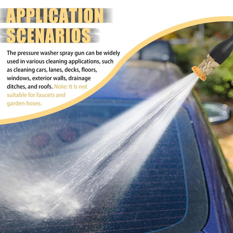 Pressure Washer Gun Replacement Kit with Jet Wand and Five Nozzles spraying water on a car's rear window, outdoor setting