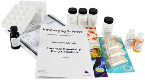 Drug Detection And Analysis Kit For Classroom Forensic Science Labs With 15 Group Materials And Hands On Tests Including Aspirin Control Experiments And Realistic Case Scenarios, shown with bottles, manual, and trays.