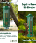 Weight Activated Squirrel Proof Bird Feeder With Removable Base For Outdoor Hanging, 6 Ports, Metal, Green, in Use with Bird and Squirrel