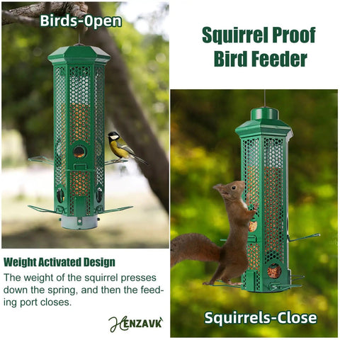 Weight Activated Squirrel Proof Bird Feeder With Removable Base For Outdoor Hanging, 6 Ports, Metal, Green, in Use with Bird and Squirrel