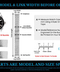Image of a watch with instructions for measuring lug and link width for Stainless Steel Bracelet Link Pin Tube Replacement Kit.