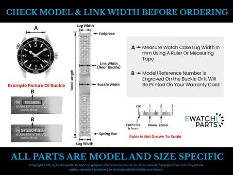 Image of a watch with instructions for measuring lug and link width for Stainless Steel Bracelet Link Pin Tube Replacement Kit.