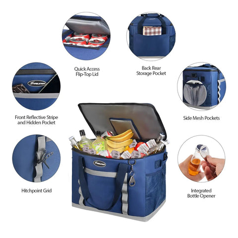 Collapsible Soft Cooler Bag With 75 Can Capacity For Beach And Road Trips Flip Top Lid Leakproof Ice Chest Lightweight Portable Cooler On The Go With 5 Layer Insulation And 12 Hour Cold Retention Great For Camping Groceries In Blue with side pockets and integrated bottle opener