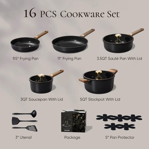 Nonstick Ceramic Cookware Set 16-Piece For Home And Camping Includes 9.5 Inch And 11 Inch Fry Pans, pans with lids, utensils, protectors