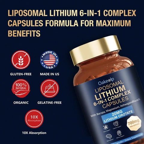 Liposomal Lithium Orotate 20mg Capsules With Magnesium Glycinate Lions Mane Bacopa Phosphatidylserine And Ashwagandha supplement bottle