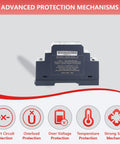Ultra Slim Din Rail Power Supply 12 Volt 2.5 Amp 30 Watt showing model and safety features on the rear panel.