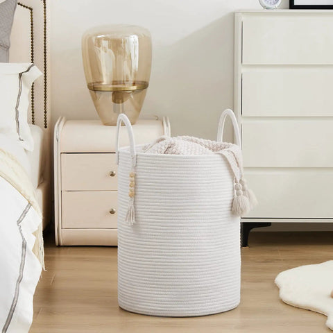 Cotton Rope Laundry Hamper Basket 58L Tall Woven Collapsible Organizer For Blankets Clothes Toys In Laundry Room Storage