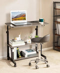 Hella Sturdy Adjustable Standing Desk On Smooth Lockable Wheels, Super Slick Rolling Laptop Station With Storage Shelves, Easy Setup Grey Oak Home Office Daily Driver with laptop and storage.