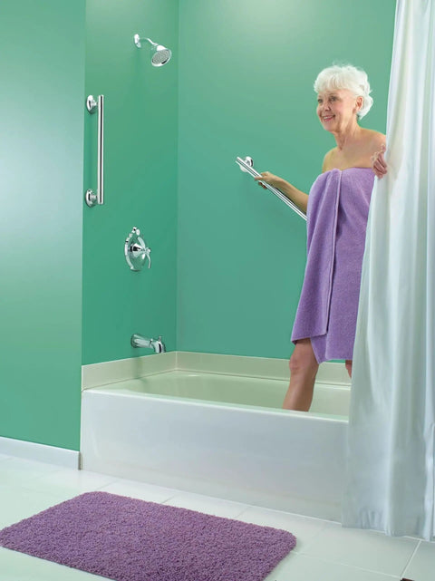 Woman in bathroom using Chrome 24 Inch Designer Shower Grab Bar With Curled Grip, Heavy Duty Bathroom Safety Rail Up To 500 Lbs