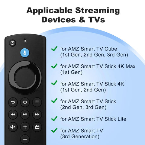 Remote Control For Fire TV Stick Lite And 4K Smart TV Sticks And Cubes With Voice Control No-Fuss Setup image with compatible devices list