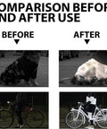 Comparison image showing before and after use of Glow In The Dark Spray Paint Outdoor Fluorescent Reflective Paint (green) on a dog and bicycle.