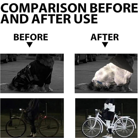 Comparison image showing before and after use of Glow In The Dark Spray Paint Outdoor Fluorescent Reflective Paint (green) on a dog and bicycle.