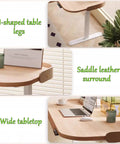 Rock Solid Electric Sit Stand Desk With Memory Height Presets And Cargo Pullout Bin Using Buttery Smooth Lift Motor Plus Leather Guard Edge For Zero Sweat Home Office Setup At 55 Inches Wide showing wide tabletop, saddle leather edge, and 1-shaped table legs.