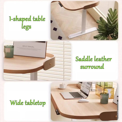 Rock Solid Electric Sit Stand Desk With Memory Height Presets And Cargo Pullout Bin Using Buttery Smooth Lift Motor Plus Leather Guard Edge For Zero Sweat Home Office Setup At 55 Inches Wide showing wide tabletop, saddle leather edge, and 1-shaped table legs.