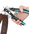 Hand using Beefy Heavy Duty Leather Hole Punch Set With Six Hole Sizes 2mm 2.5mm 3mm 3.5mm 4mm 4.5mm on a leather belt