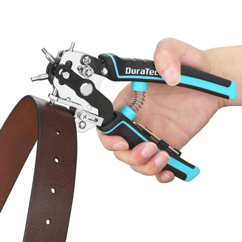Hand using Beefy Heavy Duty Leather Hole Punch Set With Six Hole Sizes 2mm 2.5mm 3mm 3.5mm 4mm 4.5mm on a leather belt