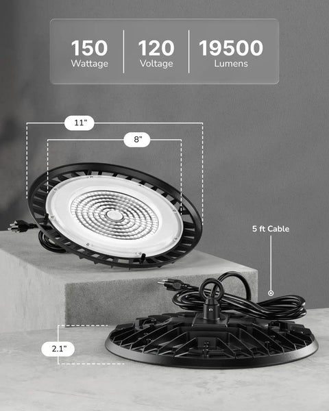 Six Pack UFO LED High Bay Light 150W, 19500 Lumens, 6000K Ultra Bright Shop Lights, side and top view with dimensions and cable