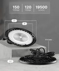 10 Pack UFO LED High Bay Lights 150W 19500 Lumens 6000K Ultra Bright Heavy Duty Shop Lighting For Warehouse Factory Workshop Garage Barn Ceiling Mount Plug And Play 120V UL showing dimensions and cable length