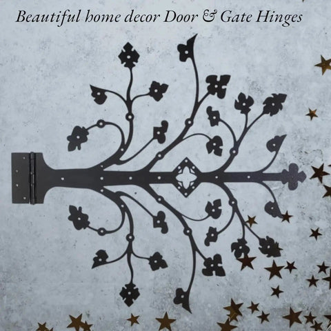 Kick Ass Wrought Iron Door Hinges With Glossy Black Powder Coating, decorative design for gates and doors.