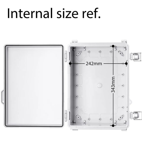 IP67 Weatherproof Junction Box Plastic Enclosure for Outdoor Electrical Projects with Hinged Gray Cover and Dimensions Shown