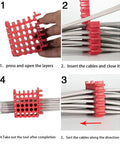 Cat5 And Cat6 Wire Management Comb For Taming That Ethernet Mess In Server Racks While Keeping Your Tech Rig Clean And Totally Pro During Heavy Cable Bundling, red plastic organizer showing steps to use.