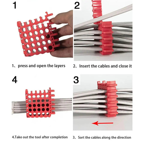 Cat5 And Cat6 Wire Management Comb For Taming That Ethernet Mess In Server Racks While Keeping Your Tech Rig Clean And Totally Pro During Heavy Cable Bundling, red plastic organizer showing steps to use.
