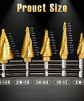 Front view: 5-piece titanium HSS step drill bits with spiral grooves, 3/16"–1-3/8", for metal, aluminum, wood & plastic.