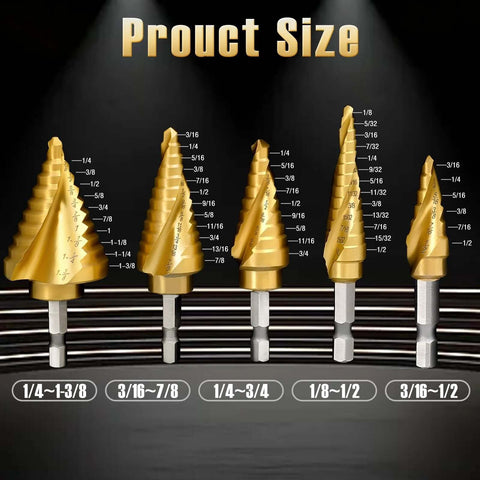 Front view: 5-piece titanium HSS step drill bits with spiral grooves, 3/16"–1-3/8", for metal, aluminum, wood & plastic.