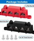 Heavy Duty 12V Bus Bar Power Distribution Block Packing 250A Peak Current And Stainless Steel Terminals for RV, marine, and audio, featuring red and black modules.