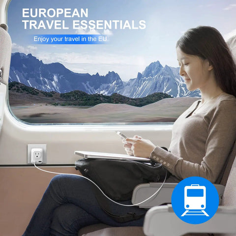 Woman using 4 In 1 European Travel Plug Adapter With US Outlet And USB Ports in train, scenic view outside window