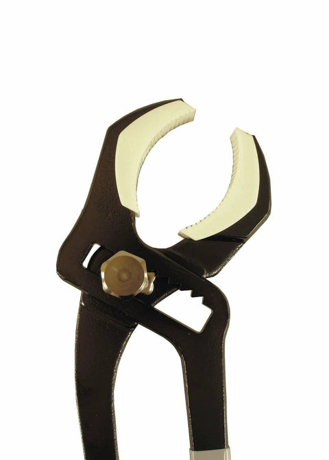 Wide Opening Pipe Pliers With Soft Jaw And Interchangeable Round And Square Jaws, 14 Inch Length, 2.75 Inch Jaw Opening, close-up view