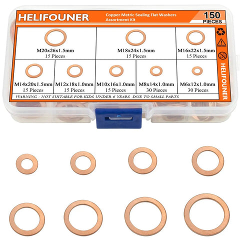 Copper Washers Kit 150Pcs 8 Sizes Metric Sealing Flat Washers Set For Plumbing And Auto in transparent case with visible washers
