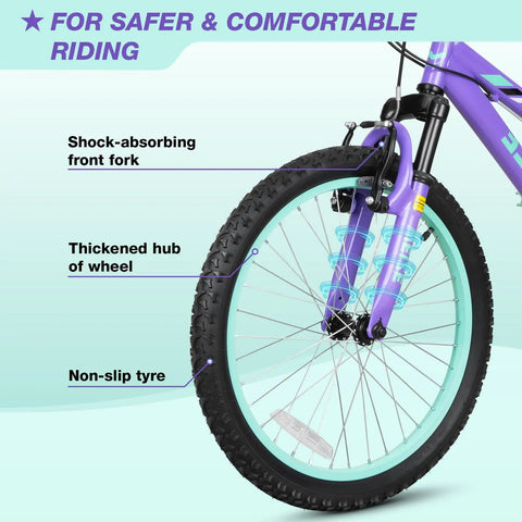 Girls 20 Inch Mountain Bike With Front Suspension For Ages 6 To 14 6 Speed Kids Bicycle wheel with front suspension, purple color.