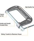 Heavy Duty Cast Iron C Clamps Set for Woodworking and Metalworking, 3 Inch Jaw Opening, smooth threaded rods, steel clamp pad