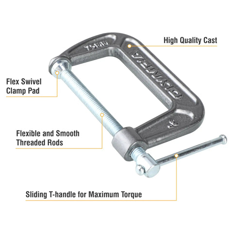 Heavy Duty Cast Iron C Clamps Set for Woodworking and Metalworking, 3 Inch Jaw Opening, smooth threaded rods, steel clamp pad