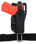 Holster with a red training gun made using 12x12 Black Thermoplastic Composite Sheet With 12 Layers,.060 Inch Thick, Impact Resistant For Holster Making, DIY Gear, And Hobby Projects, Easy To Cut, Bond, And Build, Made In USA on a black belt.