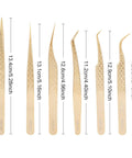 Gold Eyelash Extension Tweezer Set With Diamond Grip For Precision Lashes Pro Grade Tools 6Pcs showing size measurements