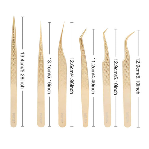 Gold Eyelash Extension Tweezer Set With Diamond Grip For Precision Lashes Pro Grade Tools 6Pcs showing size measurements