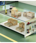 Heavy Duty Battle Ready Double Layer Stainless Steel Workbench With Pegboard Backsplash And Roomy Prep Desk For Shipping Packing And Garage Tool Storage Rack with tools and boxes.