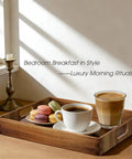 Solid Acacia Wood Serving Trays 2 Pack Real Deal Party Platters Big Time Hosting Essential For Cheese Boards And Charcuterie Spreads With Gorgeous Natural Wood Grain, featuring coffee and macarons.