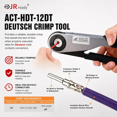 Person using ACT-HDT-12DT crimp tool from Deutsch Connector Kit With DTP 2 And 4 Pin Waterproof Automotive Plug Set for secure crimping.