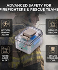 Hella Dependable Firefighter Distress Alarm With Automatic Motion Detection And A Dang Bright Red Led Beacon Signaling A Continuous 100 Decibel Safety Bell for rescue teams. Shows details like motion sensor and clip.