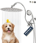 All Metal 12-Inch Rainfall Shower Head With 16-Inch Adjustable Brass Extension Arm Handheld Combo Kit in use with dog underneath