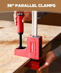 36 Inch Parallel Bar Clamps For Woodworking Dual Pack With 1500 Lb Load Capacity, 3 7 8 Inch Throat Depth, High Precision Carbon Steel, Heavy Duty Wood Clamps For Furniture Making And Project Builds on a workbench