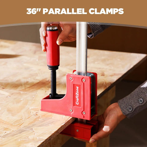 36 Inch Parallel Bar Clamps For Woodworking Dual Pack With 1500 Lb Load Capacity, 3 7 8 Inch Throat Depth, High Precision Carbon Steel, Heavy Duty Wood Clamps For Furniture Making And Project Builds on a workbench