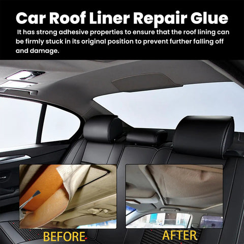 Headliner Repair Adhesive For Upholstery And Roof Liner Quick Fix Glue With Strong Bond For Fabric And Leather In Car Interiors 100ml DIY Friendly Auto Interior Adhesive For Fast No Fuss Repair product applied to car roof liner before and after view.