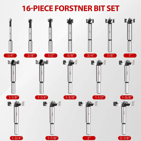 Pro Grade 16 Piece Forstner Drill Bits Set Featuring Tough As Nails Alloy Steel Round Shank Bits for clean drilling in hardwood.