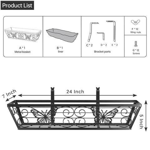 Diagram of 2 Pack 24 Inch Window Box Planters With Adjustable Brackets For Porch Fence Patio Balcony Hanging Flower Baskets Black Metal Outdoor Garden Decor With Woven Fabric And Elegant Butterfly Design, showing dimensions and components.